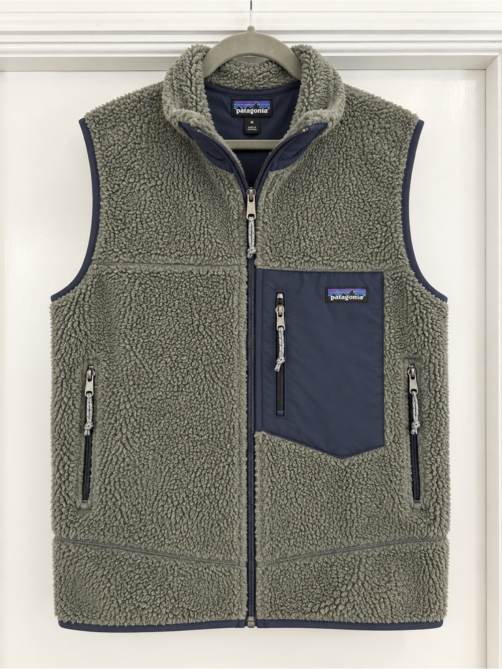 Patagonia Olive Green Sherpa Fleece Vest with Navy Pocket